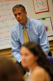 U.S. Education Secretary Arne Duncan talks with KSC students on Monday night, Aug. 30. Photo courtesy of the U.S. Department of Education