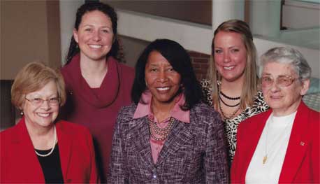 The four Outstanding Women of 2011 surround KSC President Helen Giles-Gee: (l–r) Jean Whitcomb, Jaime Contois, Dr. Giles-Gee, Kristin Mehalik, and Norma Walker ’51.