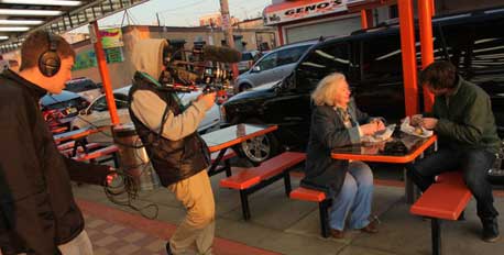 Filmmakers Ryan Hartmann (sound) and Adam Pitula (camera) on location.