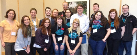 Mentors in Violence Prevention and KSC Champions peer educators at the BACCHUS Conference. Front row, l–r: Casey Robinson, Heather Leahy, Abby Darin, Kristin Szymkowicz, Virginia Mariolo, Olivia Chiacchia Back row, l–r: Tiffany Mathews, Jennifer Wiemers, Ryan O'Hora, Jacob Richard, Matt McDougal, Emma Bass, Forrest Seymour, Justin Smith, Nick Garrity